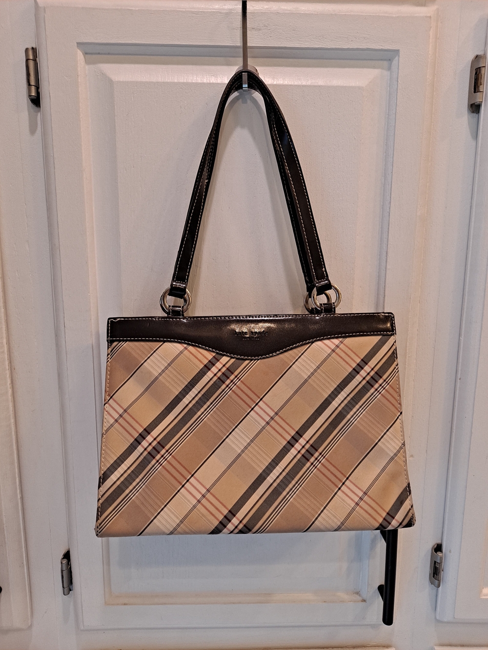 Kate Spade NY Vintage Y2k Beige Plaid Shoulder Bag w/Dark Brown Leather Trim